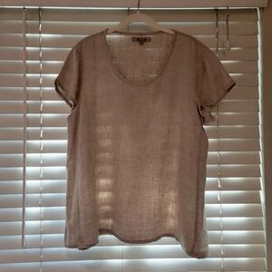 Flax Linen Top Size Small Beige Scoop Neck Short Sleeve Pullover Boxy Lagenlook